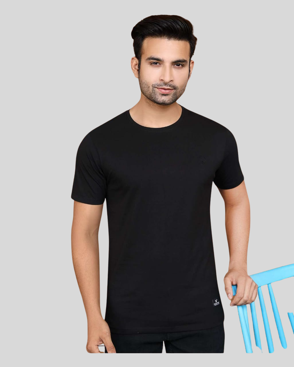 HeStory Solid Round Neck Black T-shirt