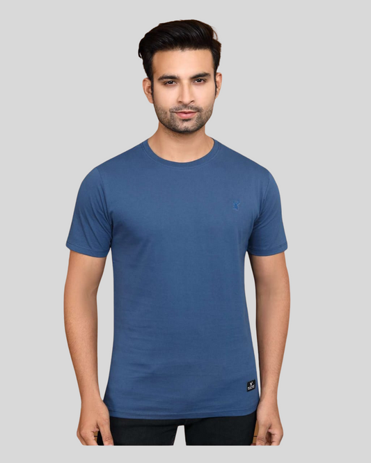 HeStory Solid Round Neck Blue Bayoux T-shirt